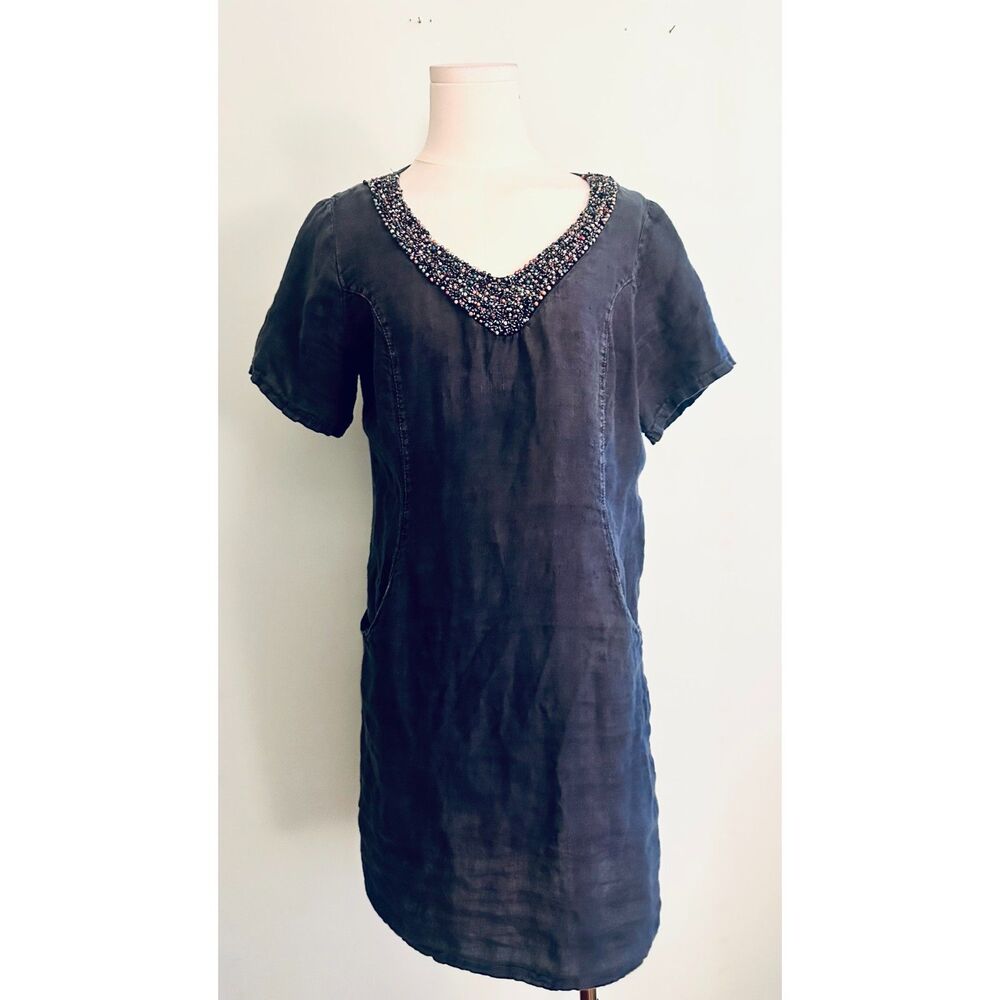 Lina Tomei Linen Beaded Shift Dress Size S Lagenlook Artsy Linen Short Sleeve
